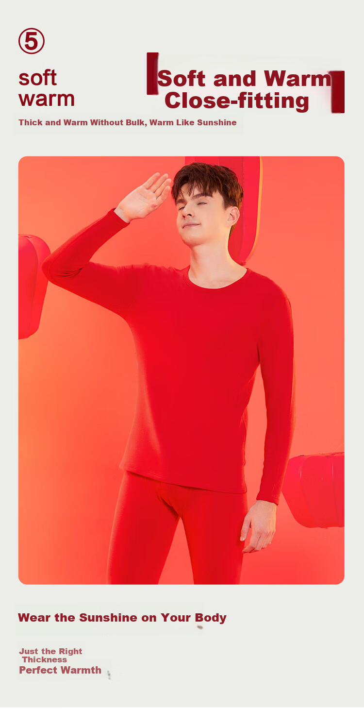 Hodo Men's 350G Brushed Soft Cotton Stretch Breathable Red New Year Thermal Underwear Set 5