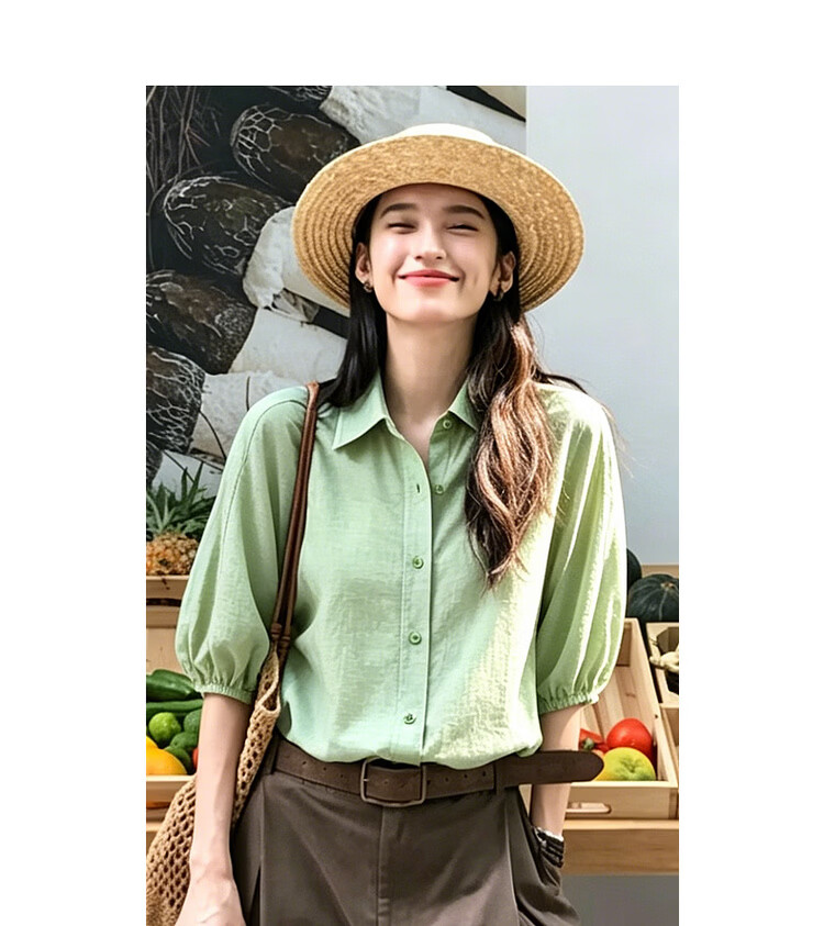 Mt Silky Acetate Fiber Summer Elegant Lapel Shirt with Patchwork and Elastic Lantern Sleeves for Women 6