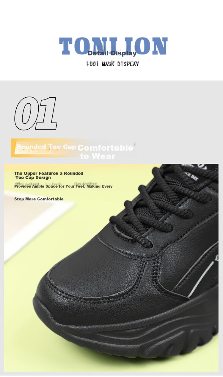 TonLion Women's Spring Summer 2026 Leather Dad Sneakers Casual Thick Sole Sports Shoes Black Size 38 4