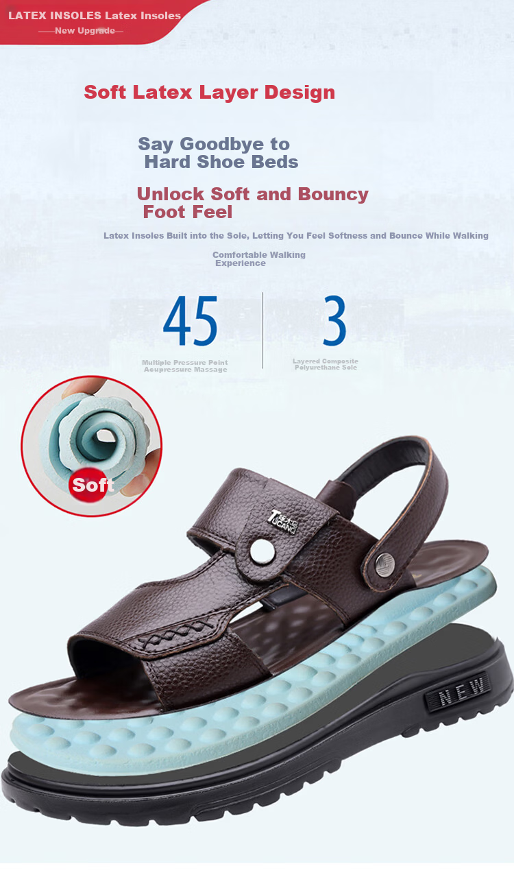 Woodpecker Men's Summer Casual Soft Sole Genuine Leather Beach Sandals Non-Slip Cowhide 7