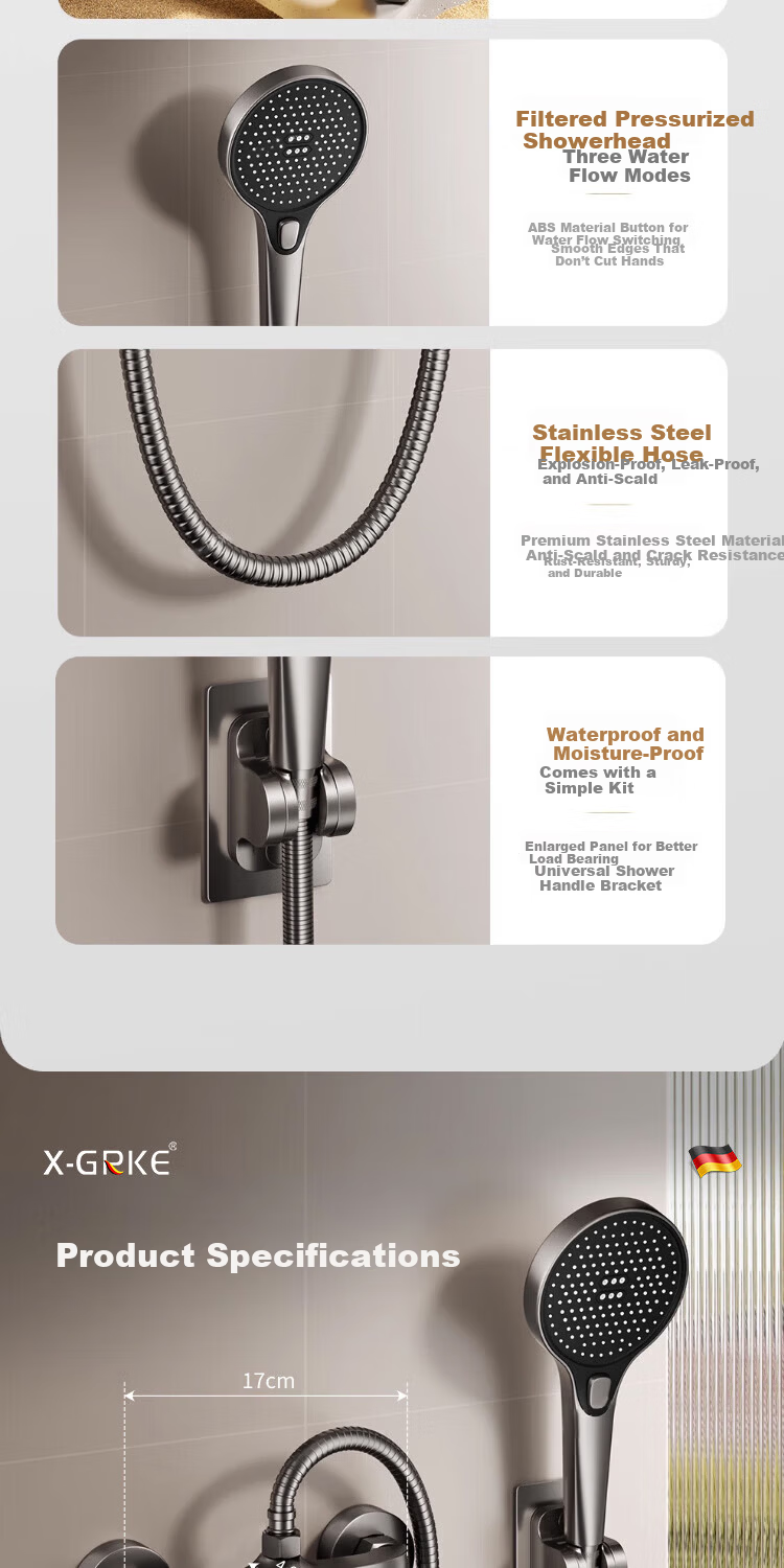 X-GRKE [Germany] Shower Faucet Set Full Copper Body Bathroom Shower Set High Pressure Shower Mixer Valve 9
