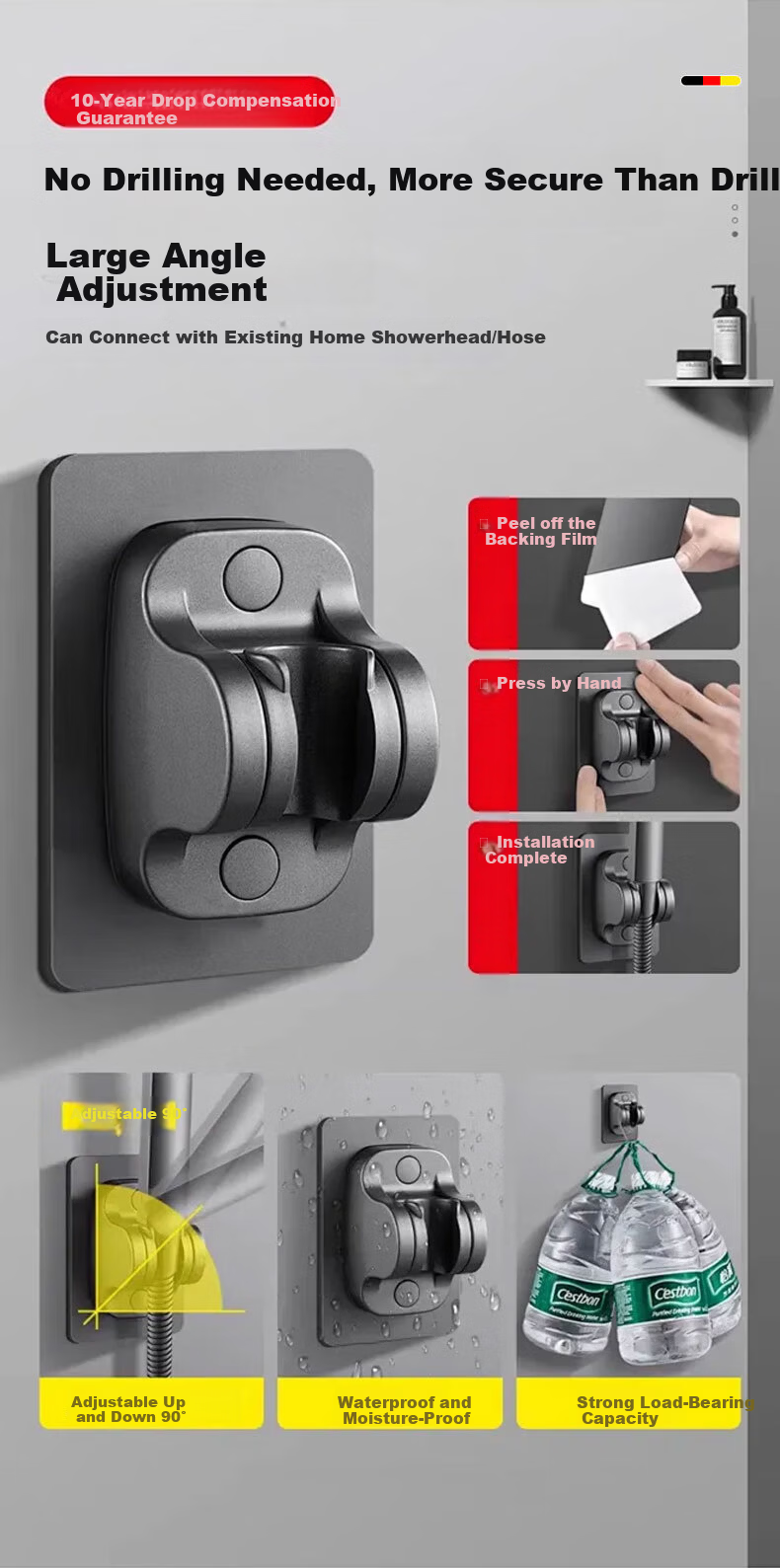 HOMK [Germany] Adjustable Elbow Shower Head Set with Pressurized Top Spray Handheld Shower Head 12