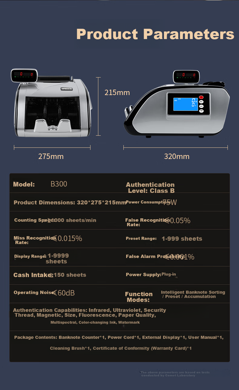 Comet B300 Portable Banknote Counter and Detector for New RMB, Small Size, Voice-Enabled, Commercial Cash Register Money Counting Machine, Class B 9