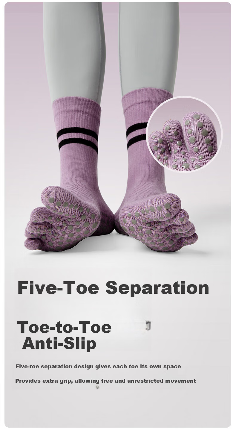 Duweike Professional Yoga Socks with Separate Toes for Women, Mid-Calf Length, Non-Slip, Pilates, Beginner-Friendly, Indoor Dance Socks, Gray, 2 Pairs 4