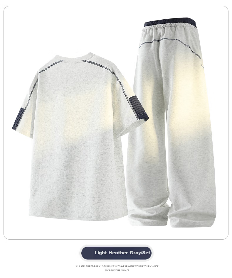Wassup Sohot Men's Summer Sports Set Solid Color Crew Neck Short Sleeve T-Shirt Loose Fit Sports Pants Two-Piece Set Black XL 13