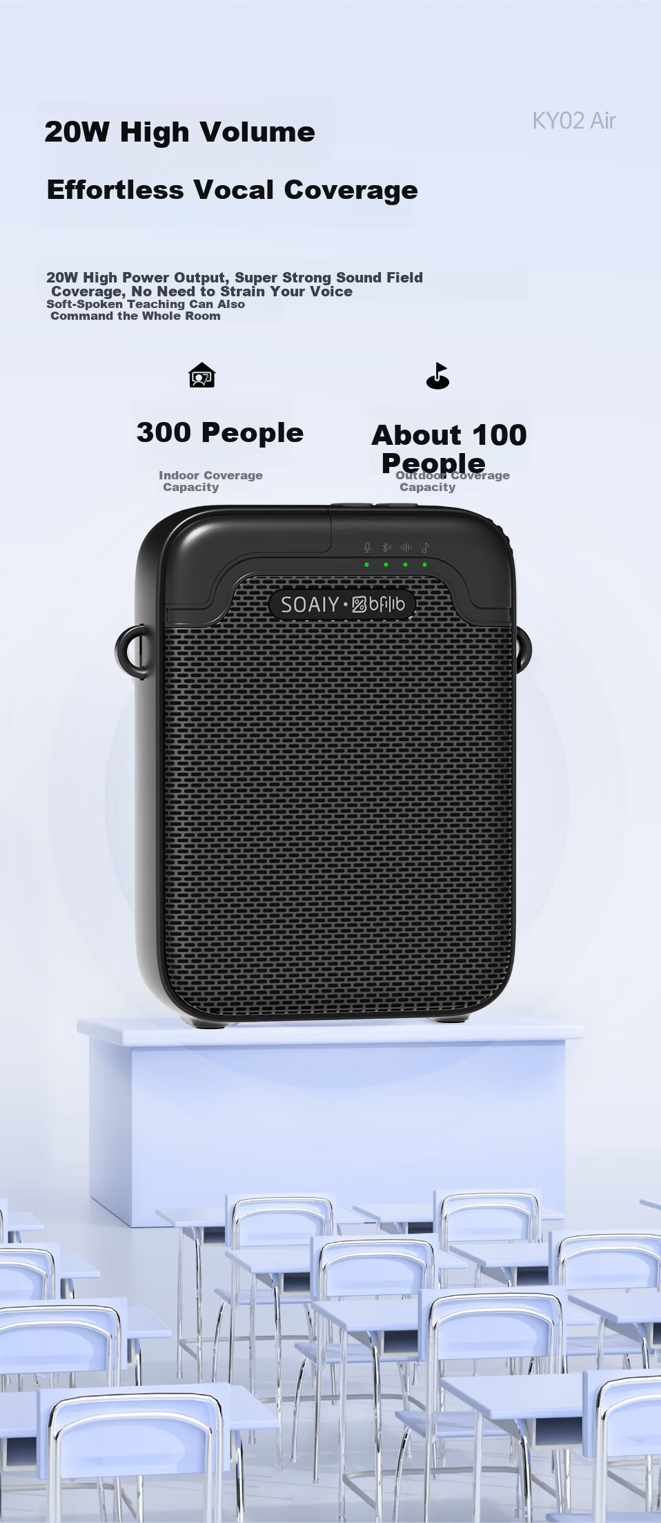 Soaiy KY02AIR Portable Amplifier for Teachers, Anti-Howling Wireless Lapel Microphone, Tour Guide Outdoor Explanation Portable Bluetooth Speaker, Gift for Girls on May 20th, Black 7