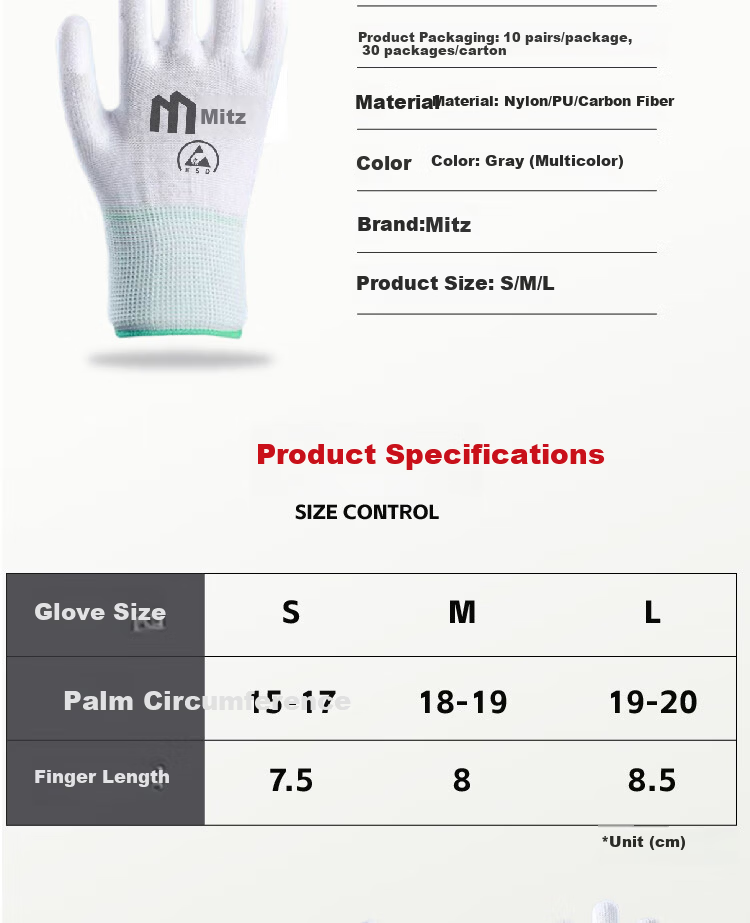 Mitz Anti-Static Gloves Carbon Fiber Coated Finger Gloves Winter PU Coated Lightweight Dust-Free Breathable Non-Slip Assembly Electronic Factory Labor Protection Gloves Size S Small (10 Pairs/Pack) 7