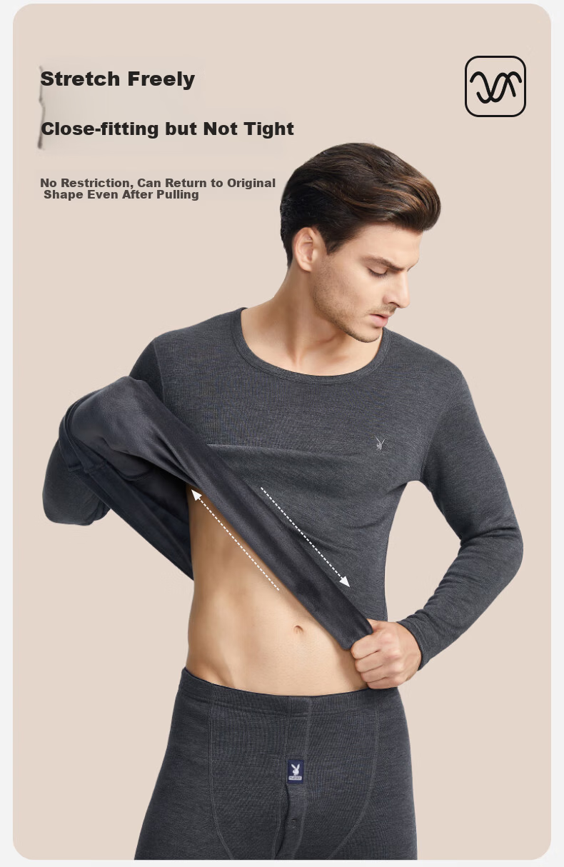 PLAYBOY Thermal Underwear for Men, Fleece-Lined And Thickened, Men's Warm Underwear, Autumn And Winter Top And Bottom, Round Neck 13