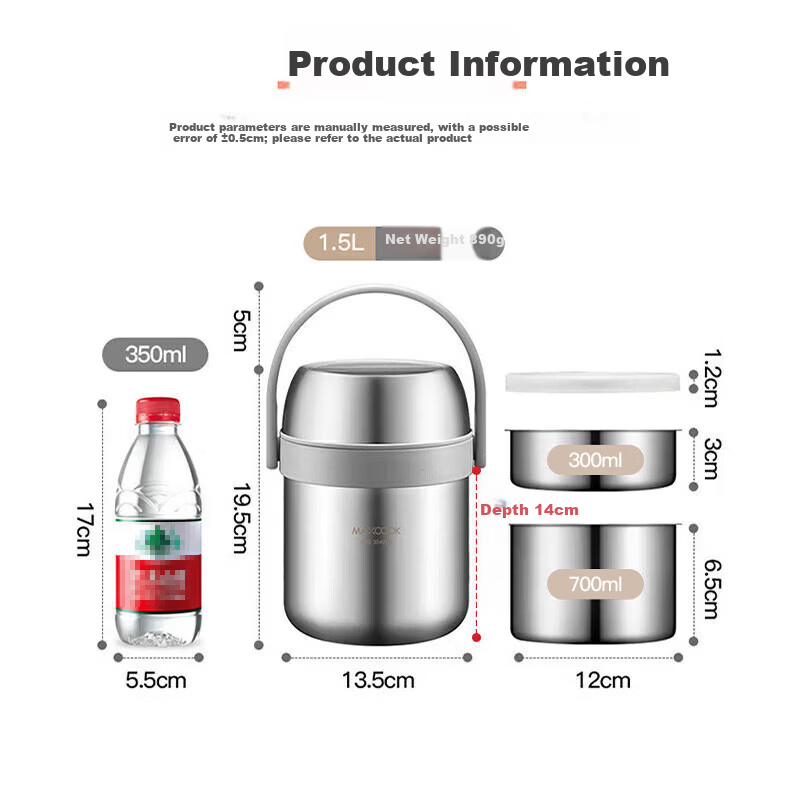 MAXCOOK 304 Stainless Steel Insulated Lunch Box with Handle 1.5L Vacuum Double-Layer Thermal Container Student Lunch Box MCTG0164