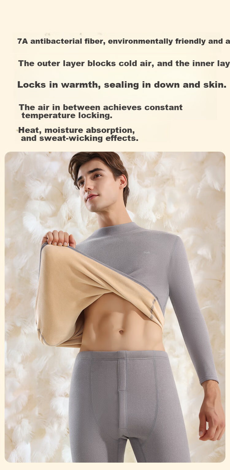 MiiOW [Goose Down & Silk 7A Antibacterial] Men's Thermal Underwear Fleece Thickened Autumn Shirt and Pants Warm Set 8