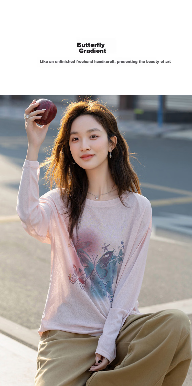 Demana Butterfly Gradient Summer Lazy Hazy Matte Texture Printed Loose Slimming Conceal T-Shirt for Women Premium Feel 3