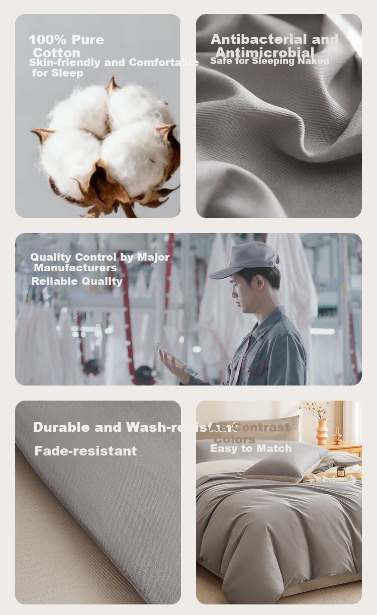 JD Jingzao 100% Cotton Four-Piece Bedding Set Antibacterial All-Cotton Bed Sheet and Duvet Cover 220x240cm for 1.8/2.0m Bed Gray 3