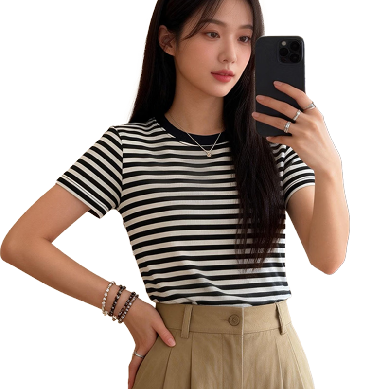 Yiershuang Women's Summer Base Layer T-Shirt, Lyocell Tencel Thin Striped Slimming Short Sleeve Top