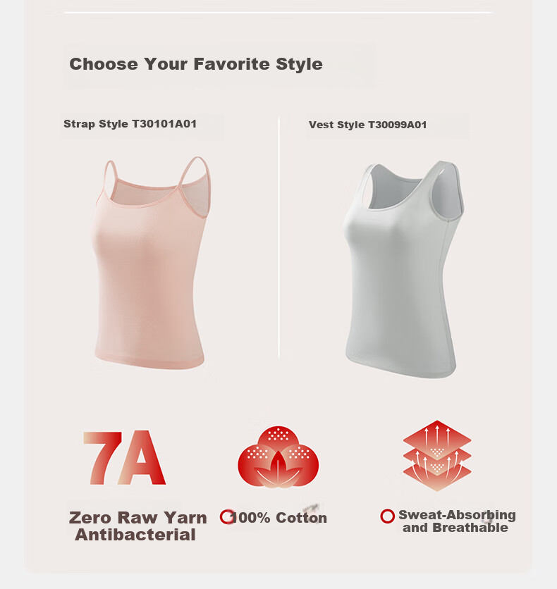 Threegun [7A Original Yarn Antibacterial] Pure Cotton Ribbed Stretch Vest Women's Basic Breathable Crew Neck Shirt 2-Pack 3