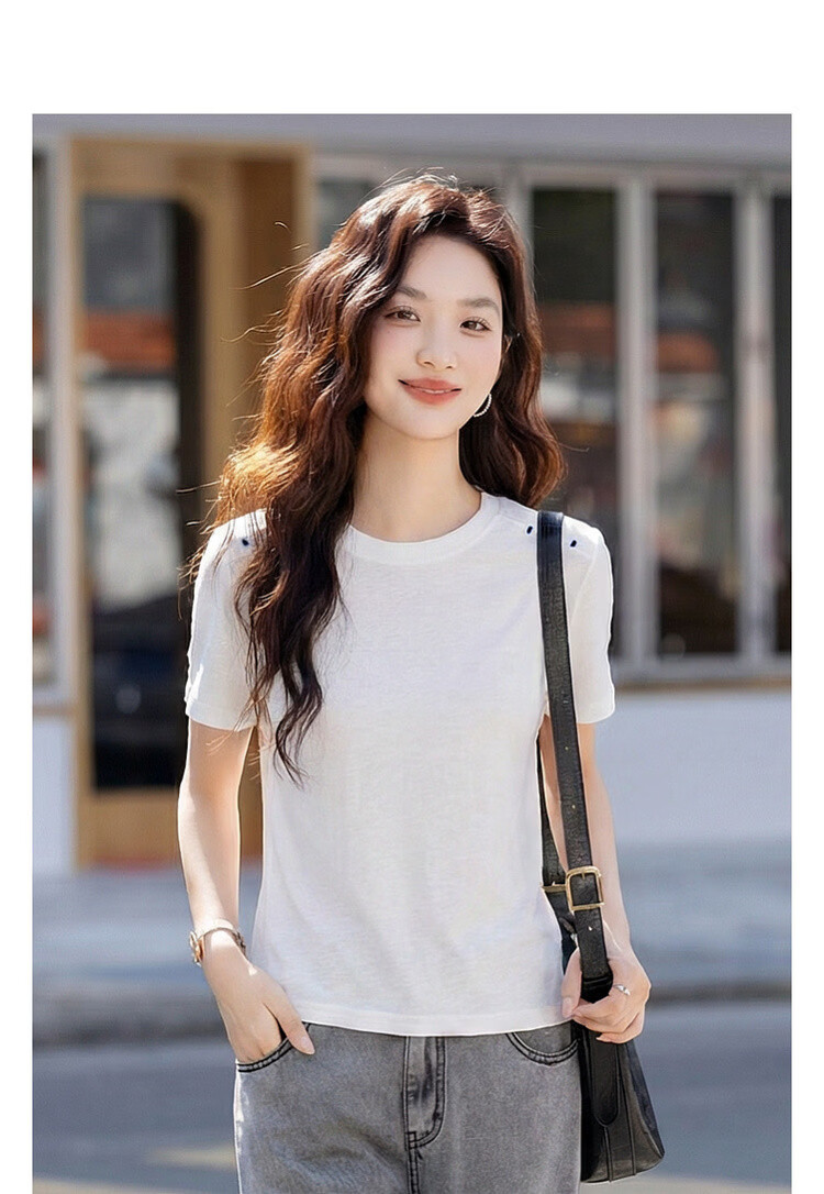 Demana [with Flax Cloud Cotton] Summer Simple Style Color-Block Shoulder Round Neck Slim Loose Fit Women's T-Shirt 3