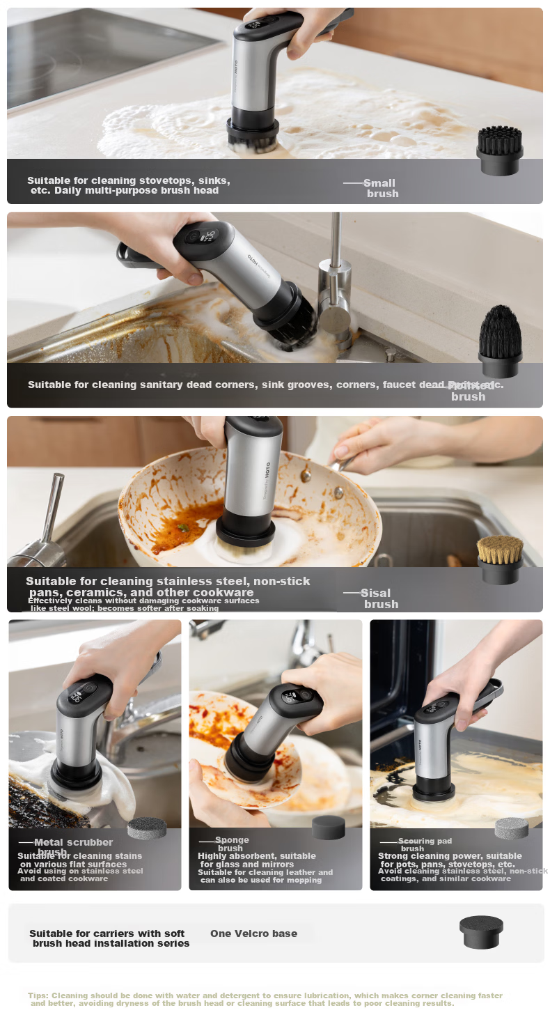 HOTOHOTO Multifunctional Electric Kitchen Cleaning Brush Dual-Speed Powerful Stain Removal Waterproof Lightweight with Smart Display 5