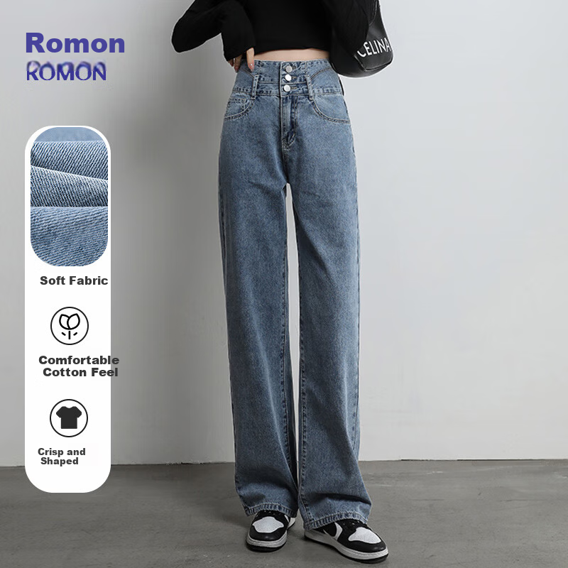 Romon [Cotton Stretch] Women's Summer High-Waist Slim Fit Simple Casual Loose Wide-Leg Jeans Dark Blue S