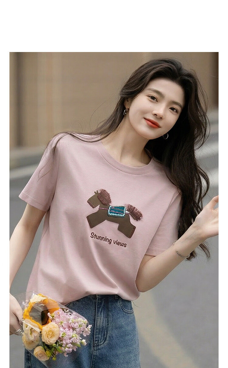 Demana [Cool Feeling Sorona] Summer Crew Neck Small Horse Screen Print Tassel Embroidery Rhinestone Slim Fit T-Shirt for Women Premium Quality 14