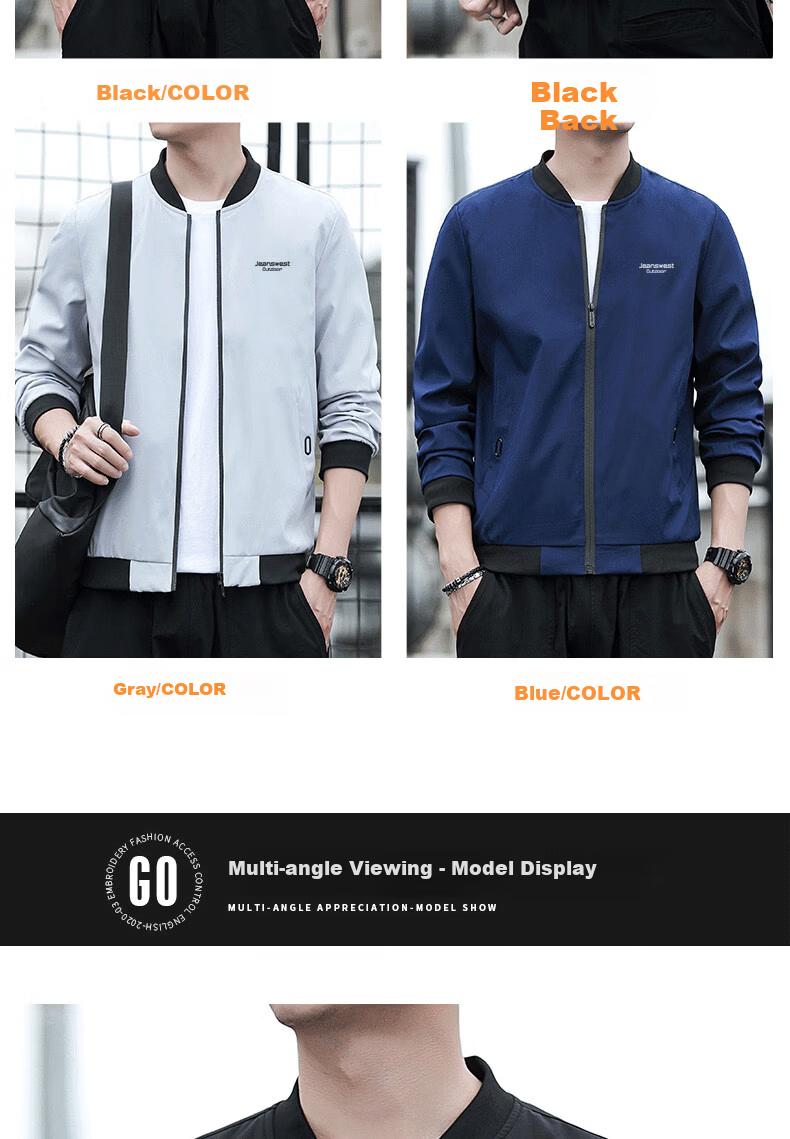 Jeanswest Outdoor Sports Jacket Men Spring Autumn Coat Trendy Stand Collar Loose Breathable Baseball Jacket Dark Blue 3XL 3