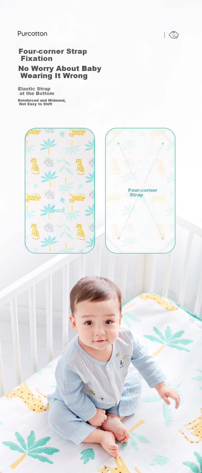 PurCotton Baby Printed Antibacterial Cooling Mat Summer Breathable Sweat-Absorbent Cotton Children's Mattress 65×120cm Starry Sea Dream 9