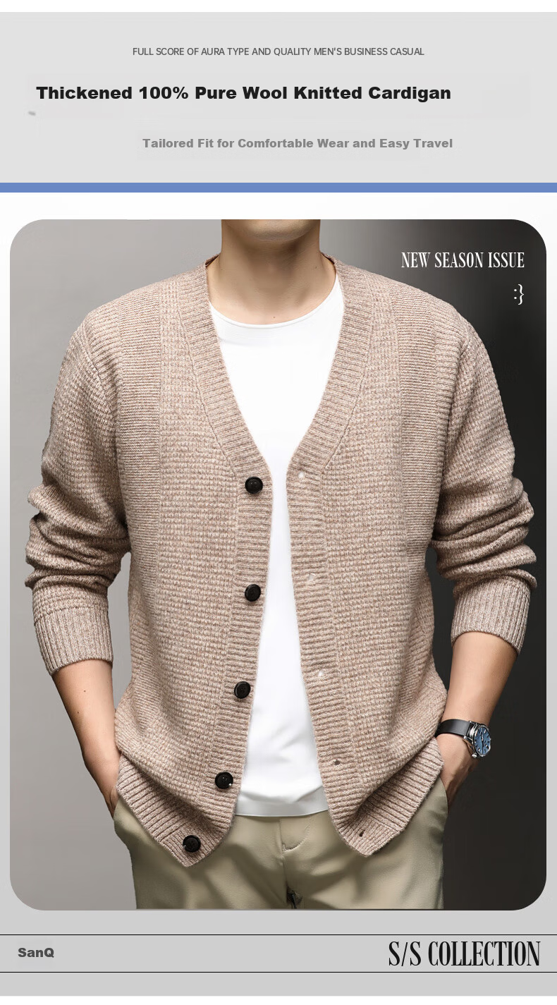 Hengyuanxiang Men's Wool Cardigan Thickened 100% Pure Wool Winter New V-Neck Warm Sweater Men's Versatile Knit Jacket 1