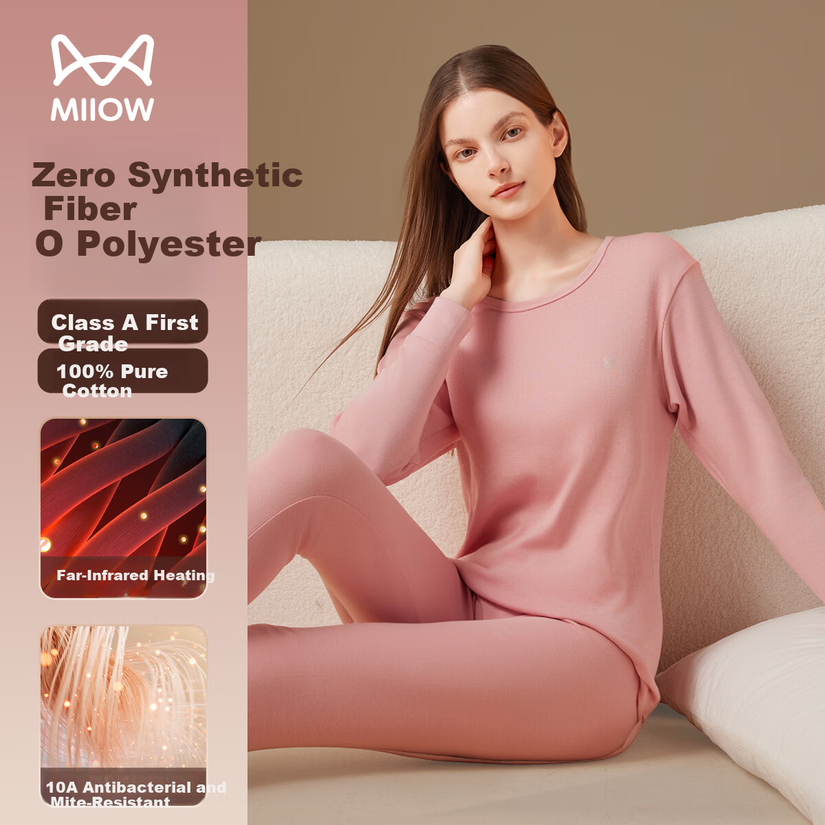 Miiow [Class A 100% Pure Cotton] Women's Autumn Thermal Underwear Set, 10A Antibacterial and Mite-Resistant Cotton Couple Warm Underwear