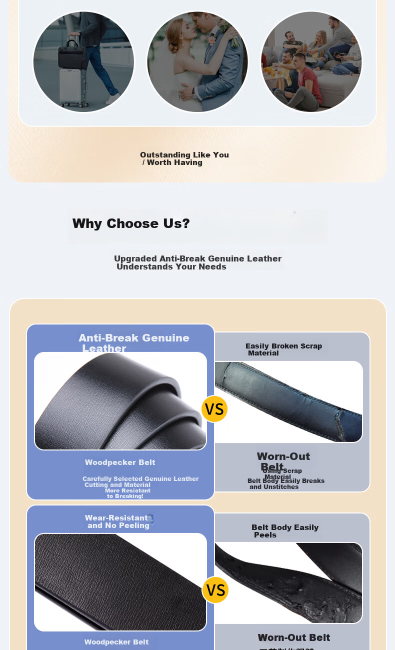 Woodpecker Men's Genuine Leather Ratchet Belt Automatic Buckle Simple Fashion Waistband Gift for Boyfriend Husband Father Dad 2