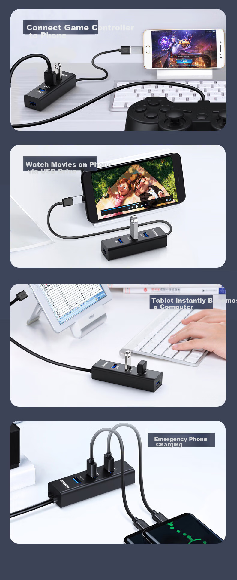 Newmine USB 2.0 High-Speed 4-Port HUB Splitter USB Expansion Dock Extension Cable Converter for Laptop Desktop Approx. 0.25m Black 16