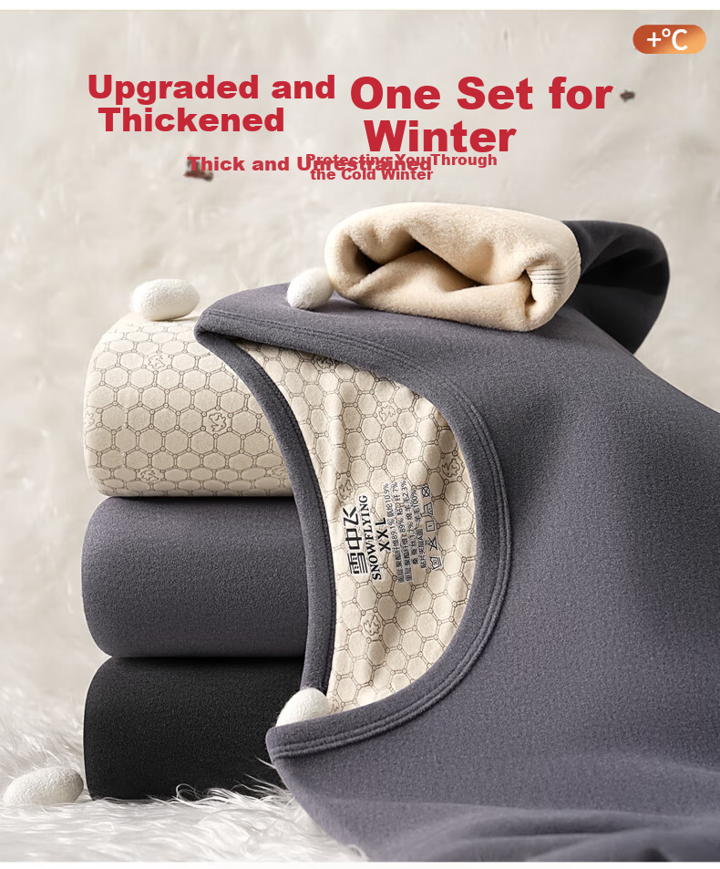 SNOWFLYING Men's Thermal Underwear 100% Wool Filled Patch Autumn Winter Fleece Thickened Set 9