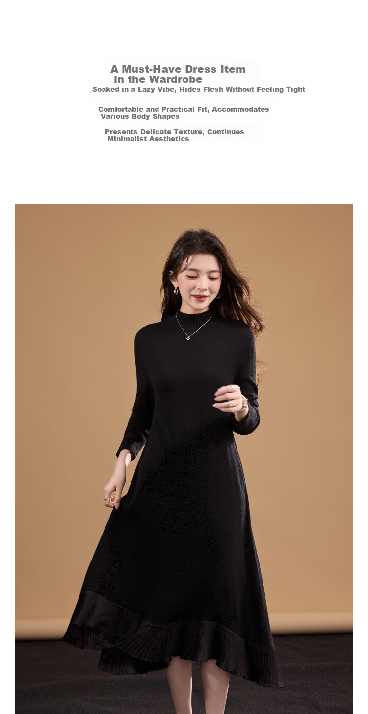 Demana Wool and Cashmere Blend Winter Elegant Half Turtleneck Chiffon Pleated Patchwork Irregular Women's Dress 2