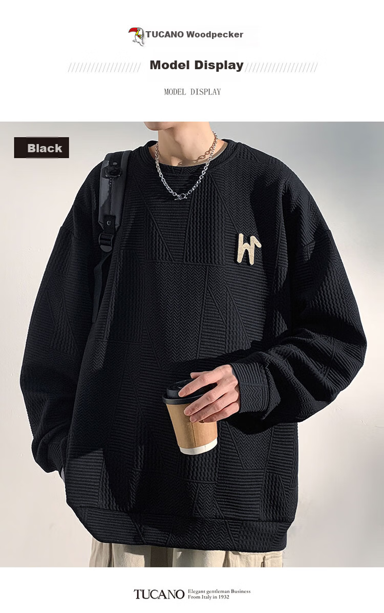 TUCANO Men's Casual Long Sleeve Sweatshirt Loose Fit Waffle Knit Pullover Black 4XL 4