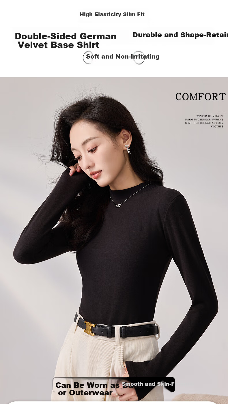 LangSha Women's Base Layer Top for Spring And Autumn, Thickened German Velvet Semi-Turtleneck Inner Wear, Elegant Slim-Fit High-End Long-Sleeve Undershirt 1