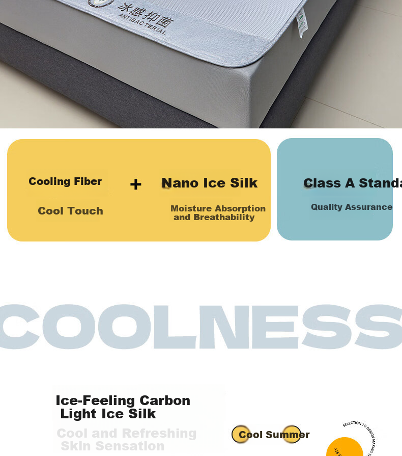 Hodo Antibacterial Ice Silk Cooling Mat Three-Piece Set Cooling Air-Conditioned Mat Home Use 1.5m Fitted Sheet Light Gray 7