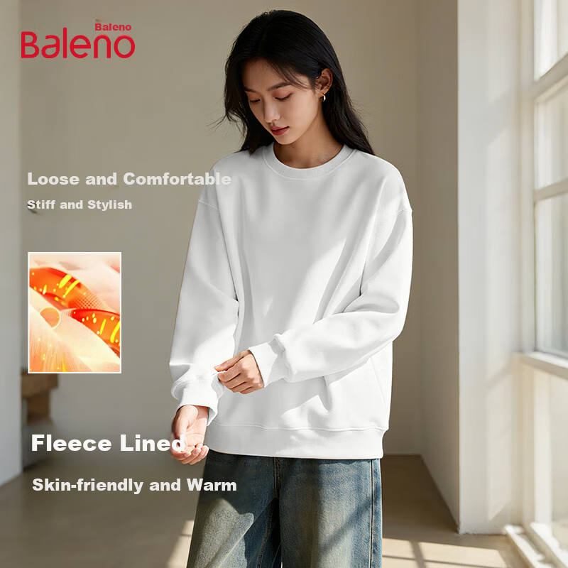 Baleno Fleece-Lined Crewneck Pullover Sweatshirt Women 2025 Autumn Winter New Solid Color Loose Warm Long Sleeve Top Without Hood