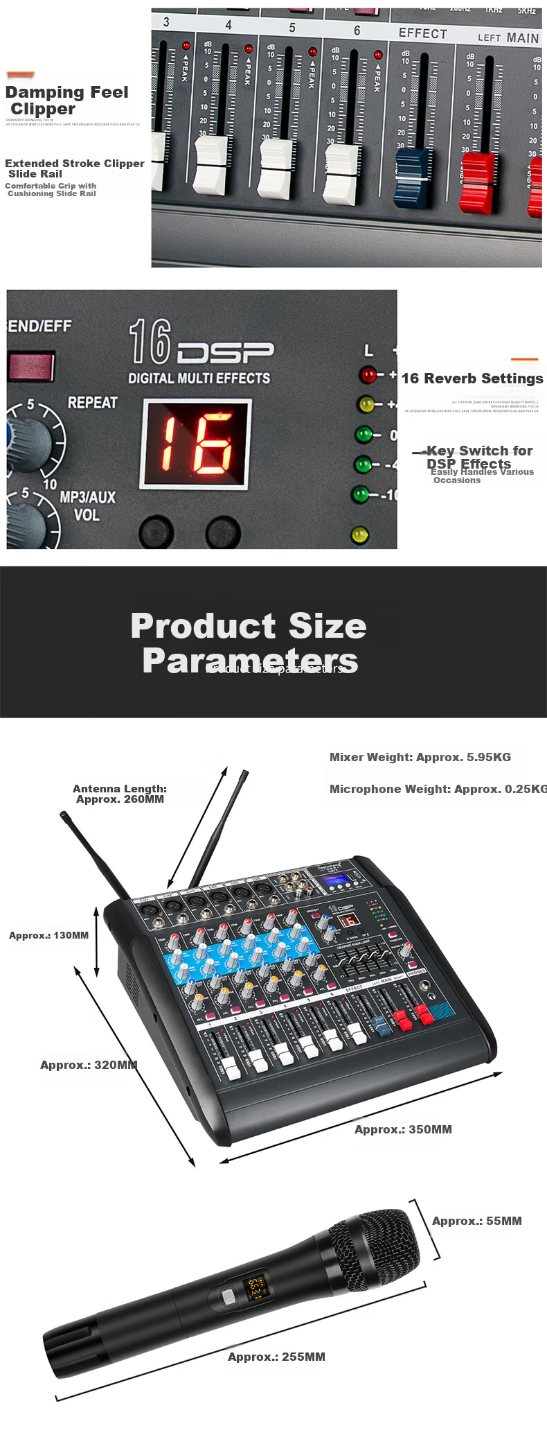 Depusheng GM7X Professional Mixer Amplifier Integrated 6-Channel with Dual Wireless Microphones High-Power Stage Home Karaoke Conference 16 Reverb Effects USB Bluetooth Playback 350W*2 7