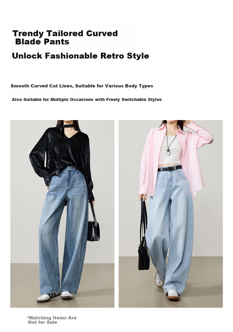 ESE-Y Relaxed Hip-Covering Pants 2026 Spring New High-Waist Shaped Curved Blade Denim Wide-Leg Scythe Pants Light Blue 28 17