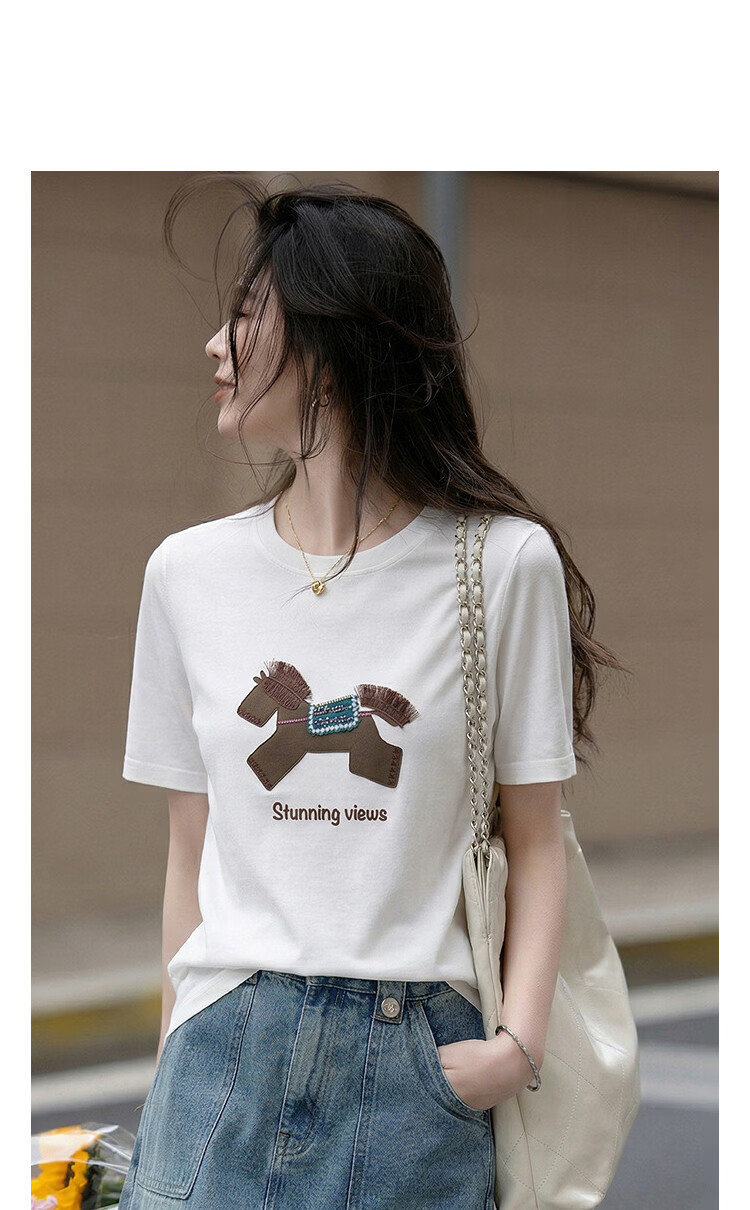 Demana [Cool Feeling Sorona] Summer Crew Neck Small Horse Screen Print Tassel Embroidery Rhinestone Slim Fit T-Shirt for Women Premium Quality 11