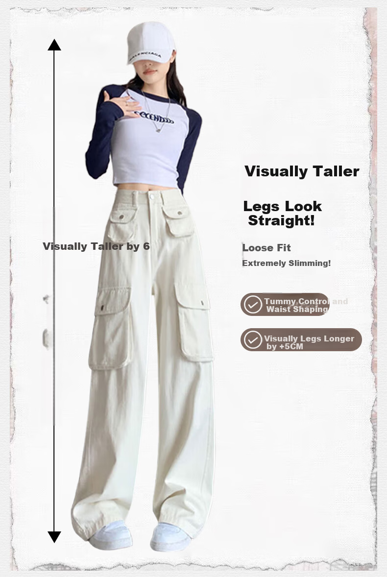 Langsha Women's Workwear Casual Cotton High-Waist Straight-Leg Trendy Pocket Wide-Leg American Style Spring Pants 6