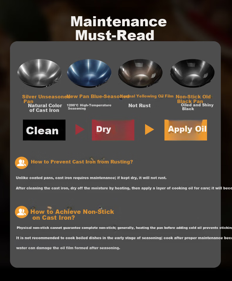 Quanpinwu Cast Iron Stir-Fry Pan Non-Coated Seasoned Non-Stick Round Bottom Large Capacity Gas Stove Wok with Lid 36cm 18