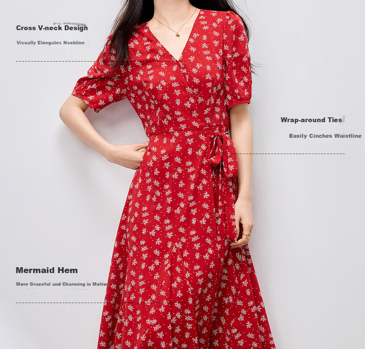 Sentubila Elegant Vacation Style V-Neck Dress for Women Summer Lantern Sleeve High Waist Floral Mermaid Slimming Mid-Length Dress 9
