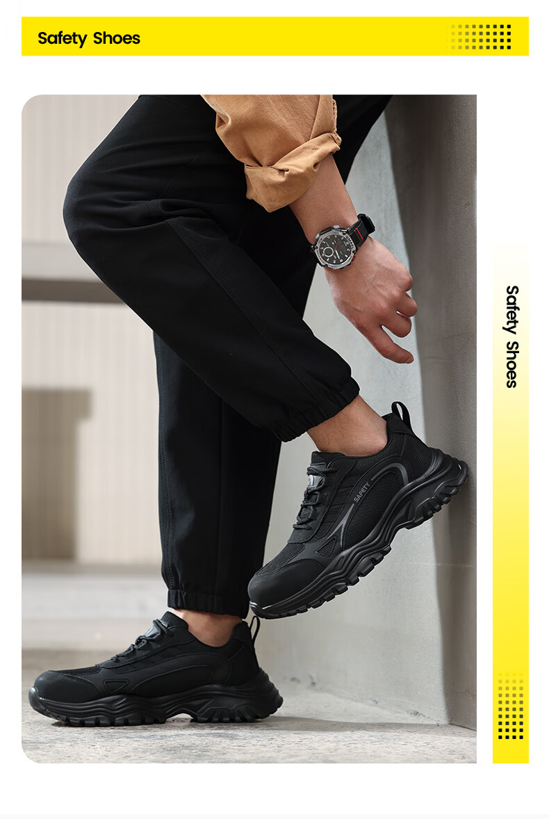 JUNBU Men's Safety Shoes Steel Toe Anti-Smash Anti-Puncture Ultra-Light Soft Sole Comfortable Worksite Safety Shoes 5008BK Size 45 16