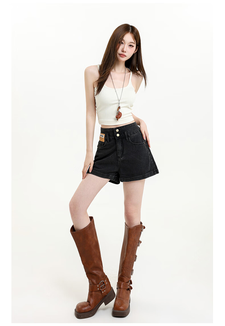 Jeanswest Women's Summer 2026 High-Waist Loose Slimming Wide-Leg A-Line Black Gray Denim Shorts S 12