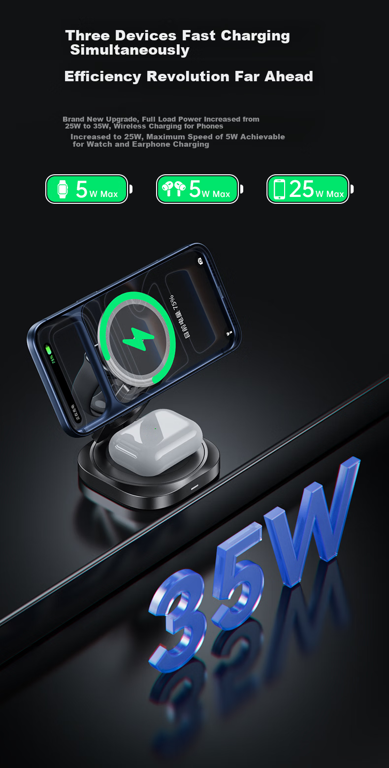 REMAX Qi2 Certified 35W 3-in-1 Wireless Charger Stand for Apple MagSafe iPhone 17/16 Pro iWatch Earbuds 6