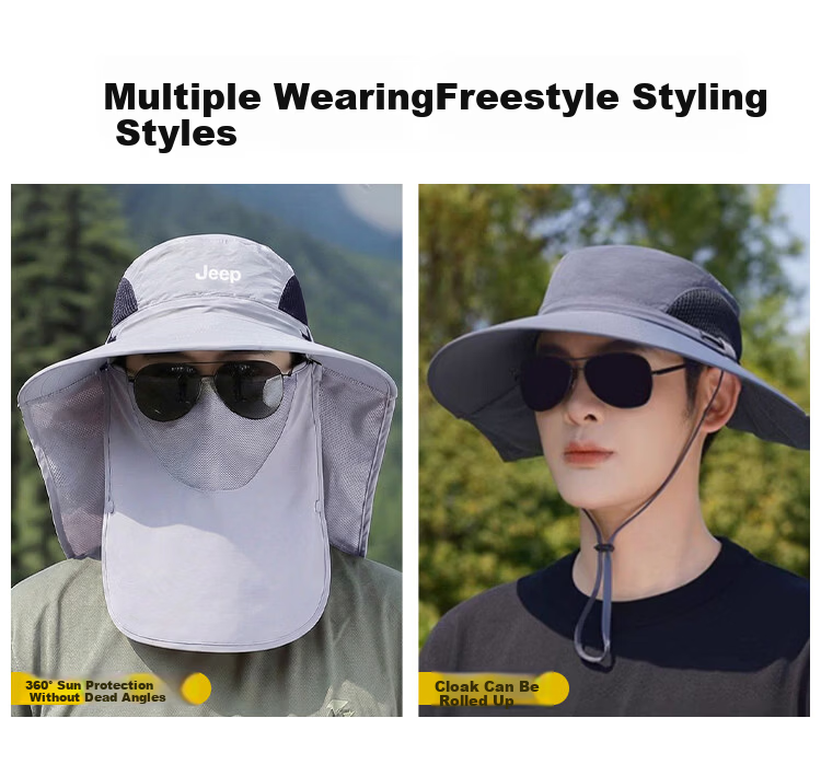 JEEP Men's Sun Protection Hat UV Protection Summer Fisherman Outdoor Hiking Wide Brim Sun Hat 5