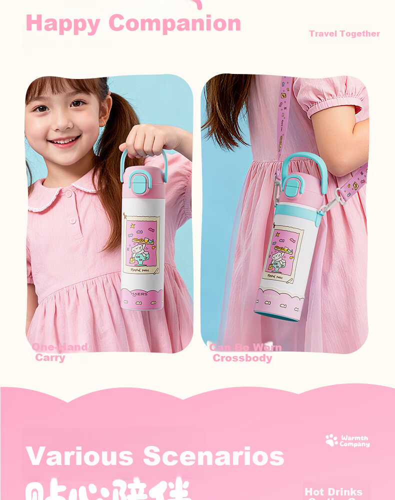 HAERS Kids Insulated Water Bottle Girls High-Quality 316L Stainless Steel Portable Straw Cup Cheese Custard 500ml 10
