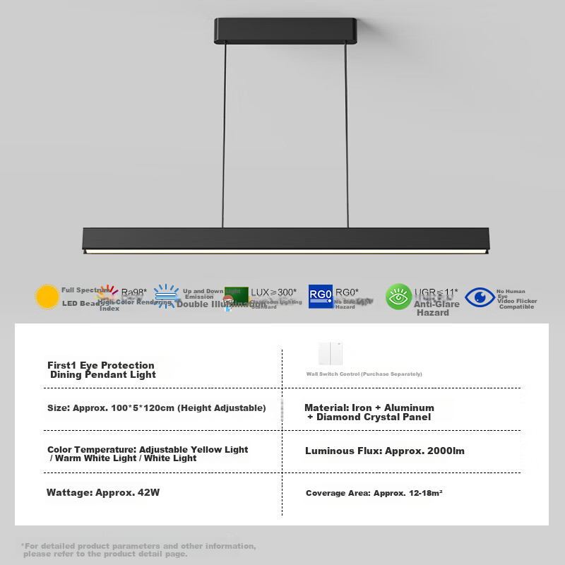 OPPLE Full Spectrum Smart Eye Protection High Brightness Linear Pendant Dining Light High CRI Modern Minimalist Black 42W