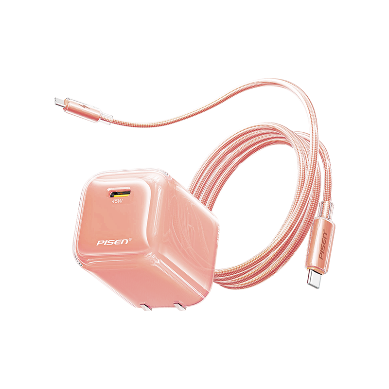 Pisen 45W GaN Charger Set Apple 17W Type-C Charger Ice Transparent Plug Compatible with iPhone 17 Pro Max/16/15/iPad PD 40W Fast Charging Pink