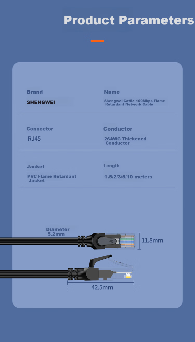 Shengwei Cat5e Ethernet Cable, 100Mbps Flame-Retardant Network Connection Cable, Cat5e Patch Cord, Computer Broadband Connection Cable, 2 Meters, WLC1002G 10