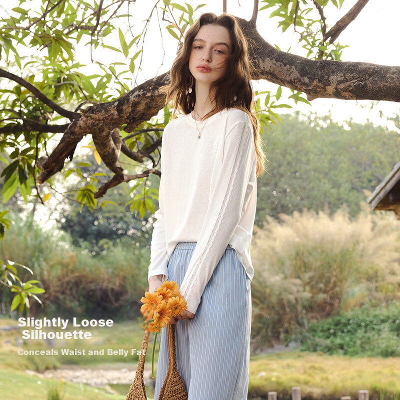 Olrain French Lace Splice Snowflake Cotton Long Sleeve T-Shirt Women Spring New Commuter Casual Top Off-White S