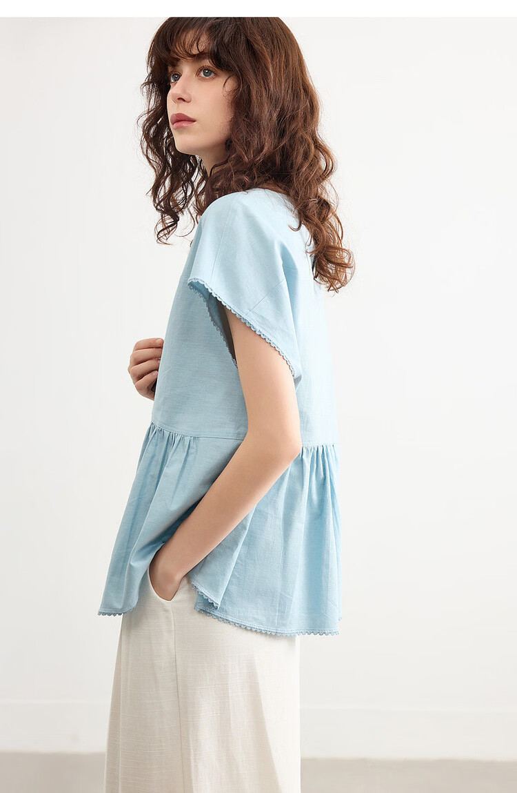 Demana [with Flax Cloud Cotton] Summer Simple Style Round Neck Covered Sleeve Lace Lightweight Loose Slim Shirt for Women Premium 16
